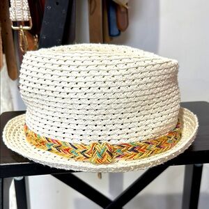 White Woven Hat with Multicolor Band